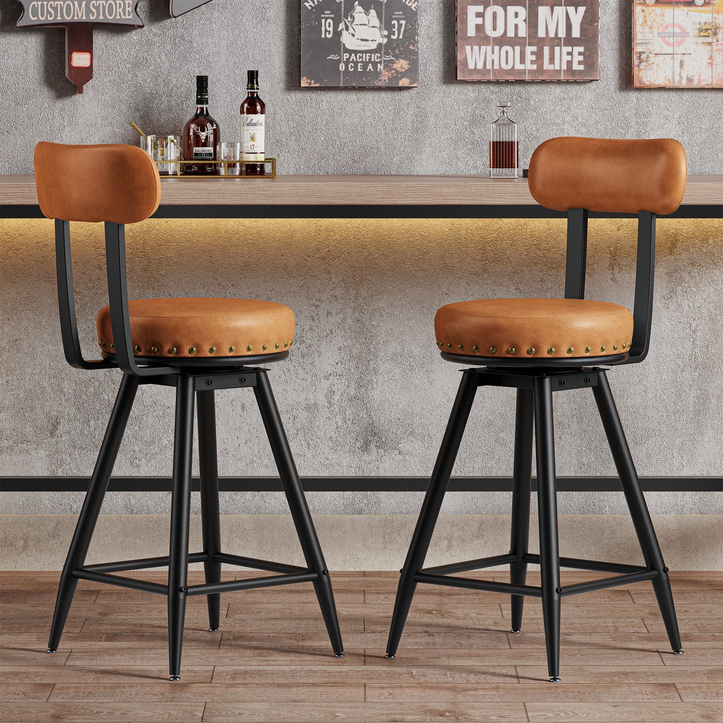 IRONCK Counter Height Bar Stools Set of 2, 30" Swivel Barstools with Backs, Hand-Riveted Design, Wide Seat, PU Leather Upholstered, Armless Bar Chairs for Kitchen Island, Brown