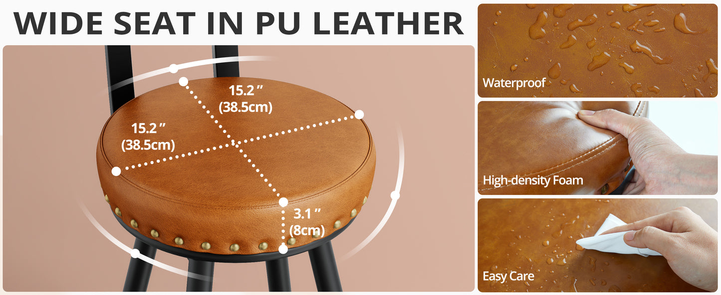 IRONCK Counter Height Bar Stools Set of 2, 30" Swivel Barstools with Backs, Hand-Riveted Design, Wide Seat, PU Leather Upholstered, Armless Bar Chairs for Kitchen Island, Brown