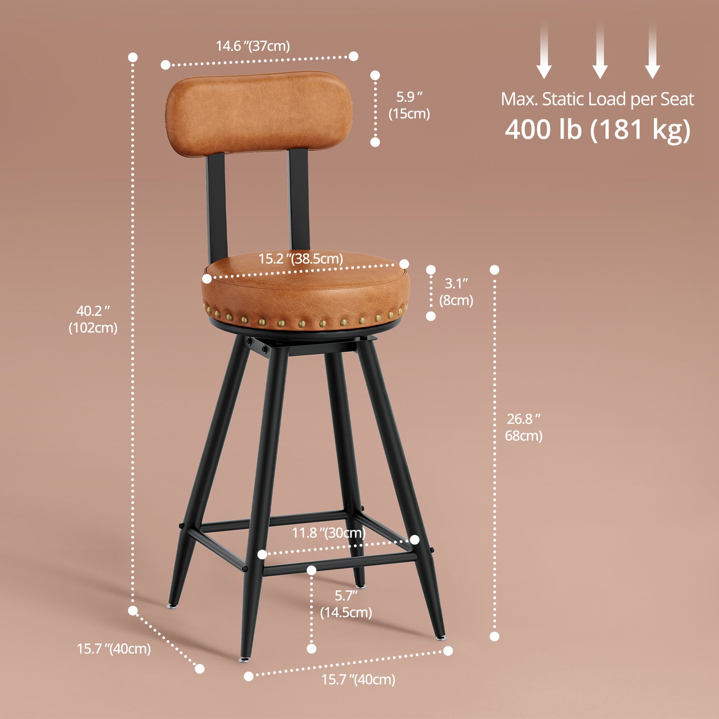 IRONCK Counter Height Bar Stools Set of 2, 30" Swivel Barstools with Backs, Hand-Riveted Design, Wide Seat, PU Leather Upholstered, Armless Bar Chairs for Kitchen Island, Brown