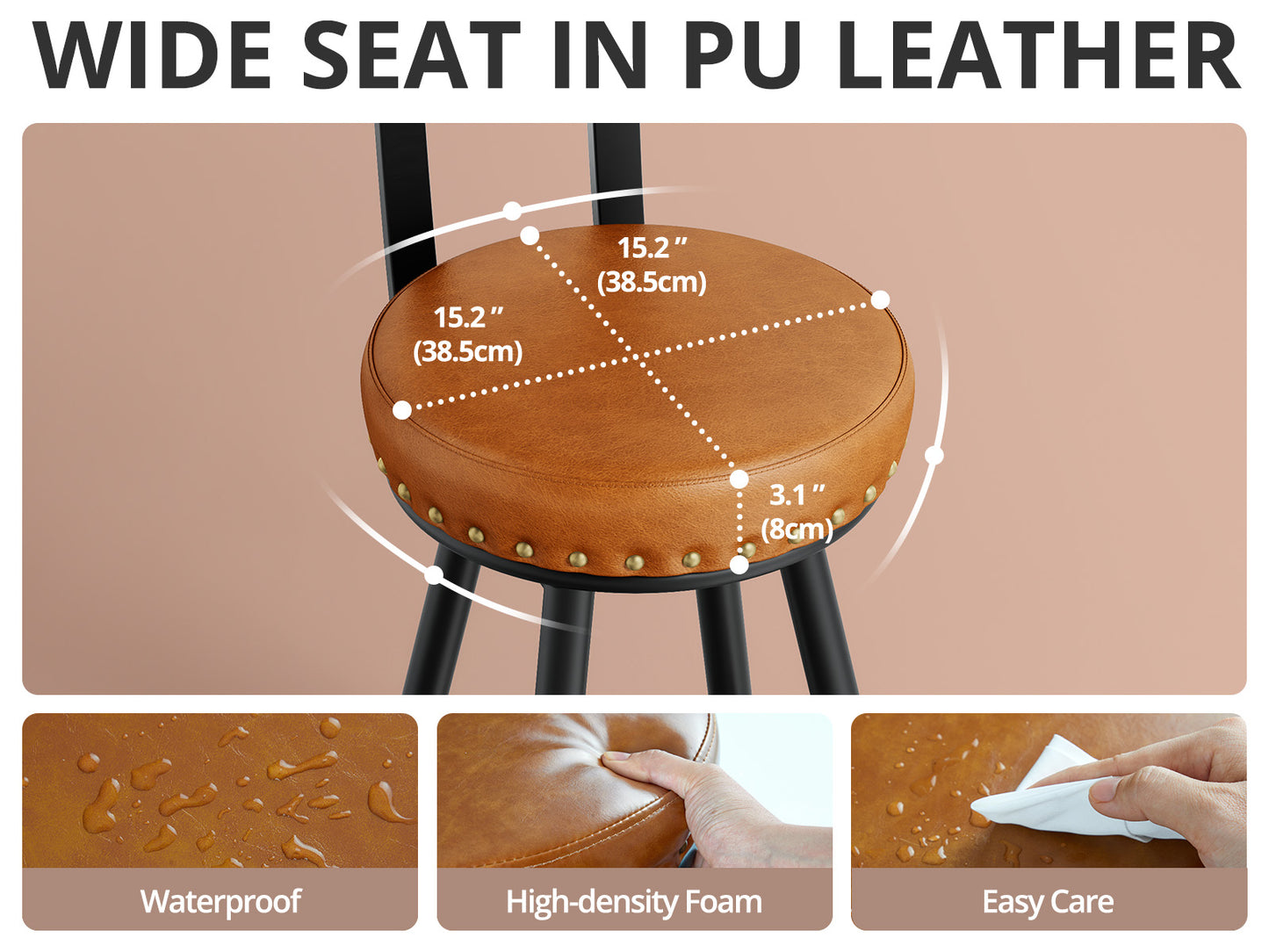 IRONCK Counter Height Bar Stools Set of 2, 30" Swivel Barstools with Backs, Hand-Riveted Design, Wide Seat, PU Leather Upholstered, Armless Bar Chairs for Kitchen Island, Brown