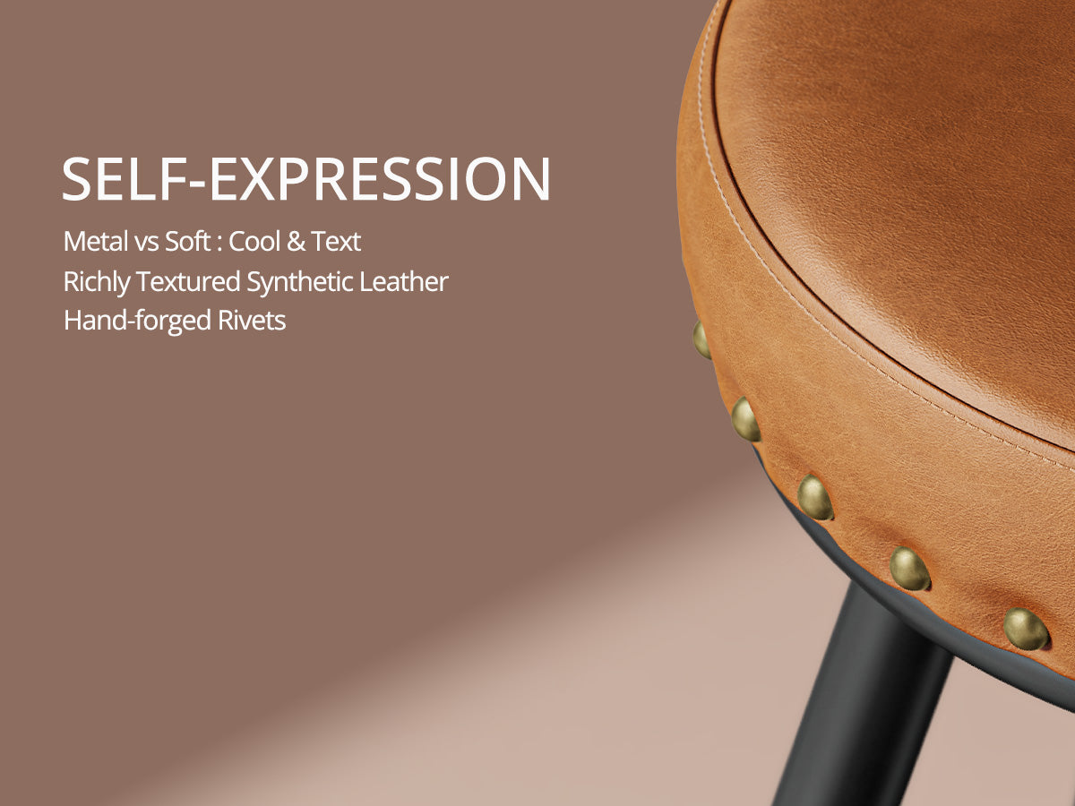 IRONCK Counter Height Bar Stools Set of 2, 30" Swivel Barstools with Backs, Hand-Riveted Design, Wide Seat, PU Leather Upholstered, Armless Bar Chairs for Kitchen Island, Brown