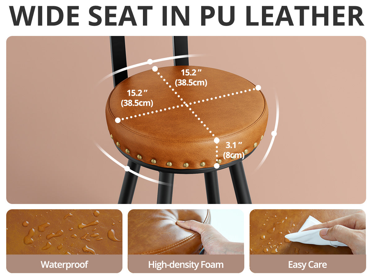IRONCK Counter Height Bar Stools Set of 2, 30" Swivel Barstools with Backs, Hand-Riveted Design, Wide Seat, PU Leather Upholstered, Armless Bar Chairs for Kitchen Island, Brown