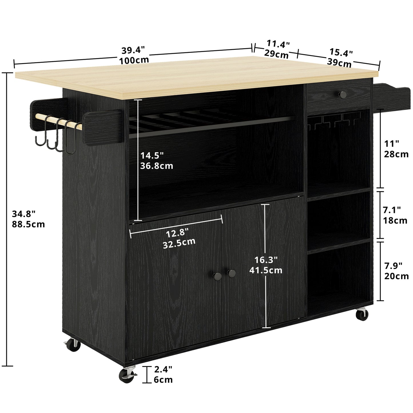 Chariot de cuisine à roulettes noir