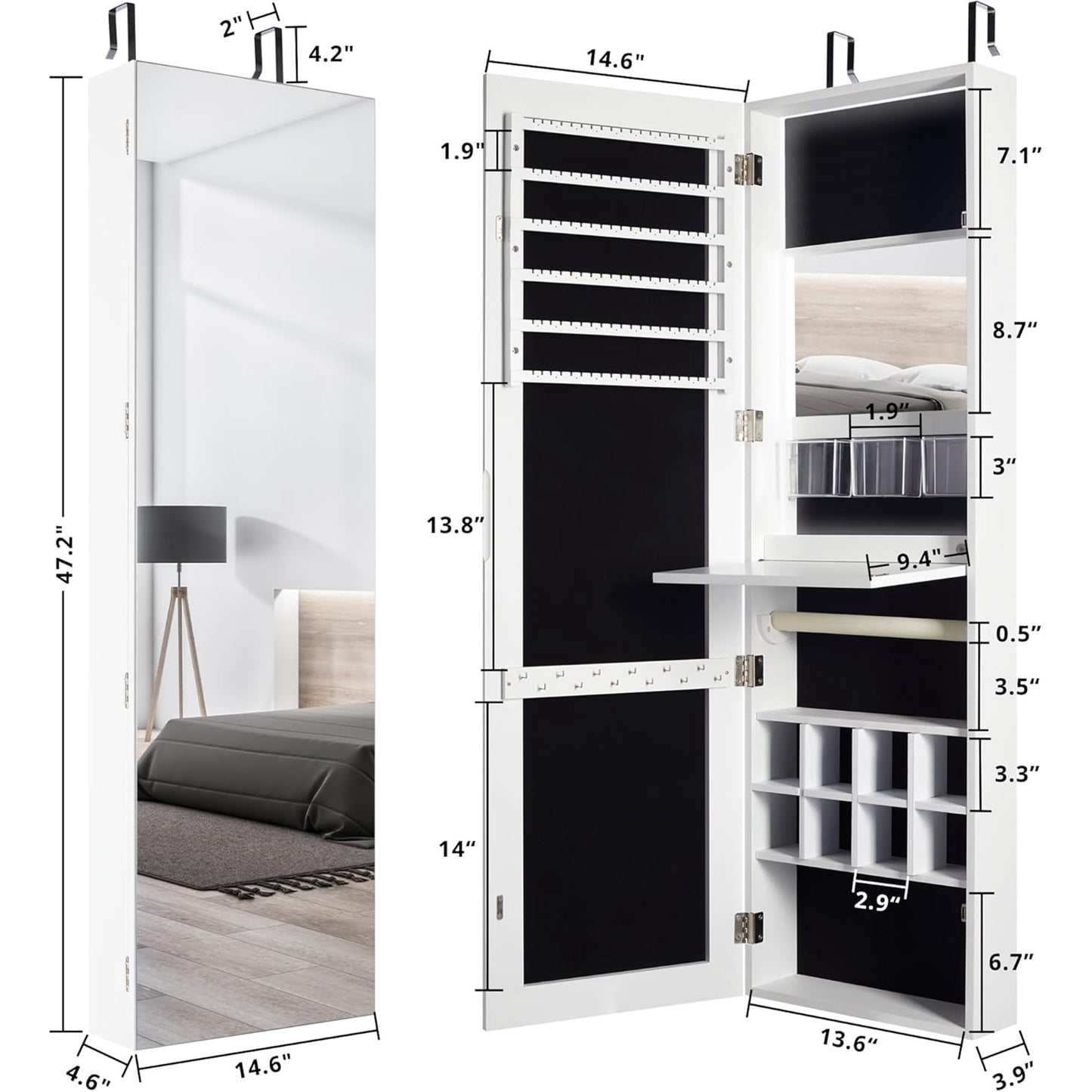 Wand-/Tür-montierter Spiegel-Schmuckschrank-Organizer mit LED-Licht