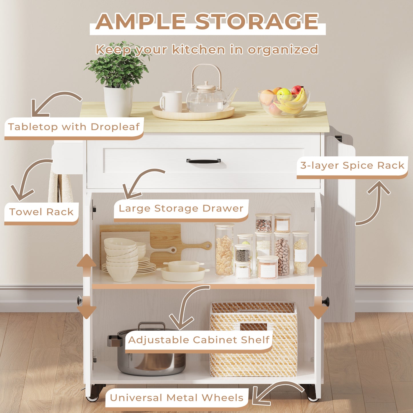 Rolling Kitchen Island with Drop Leaf