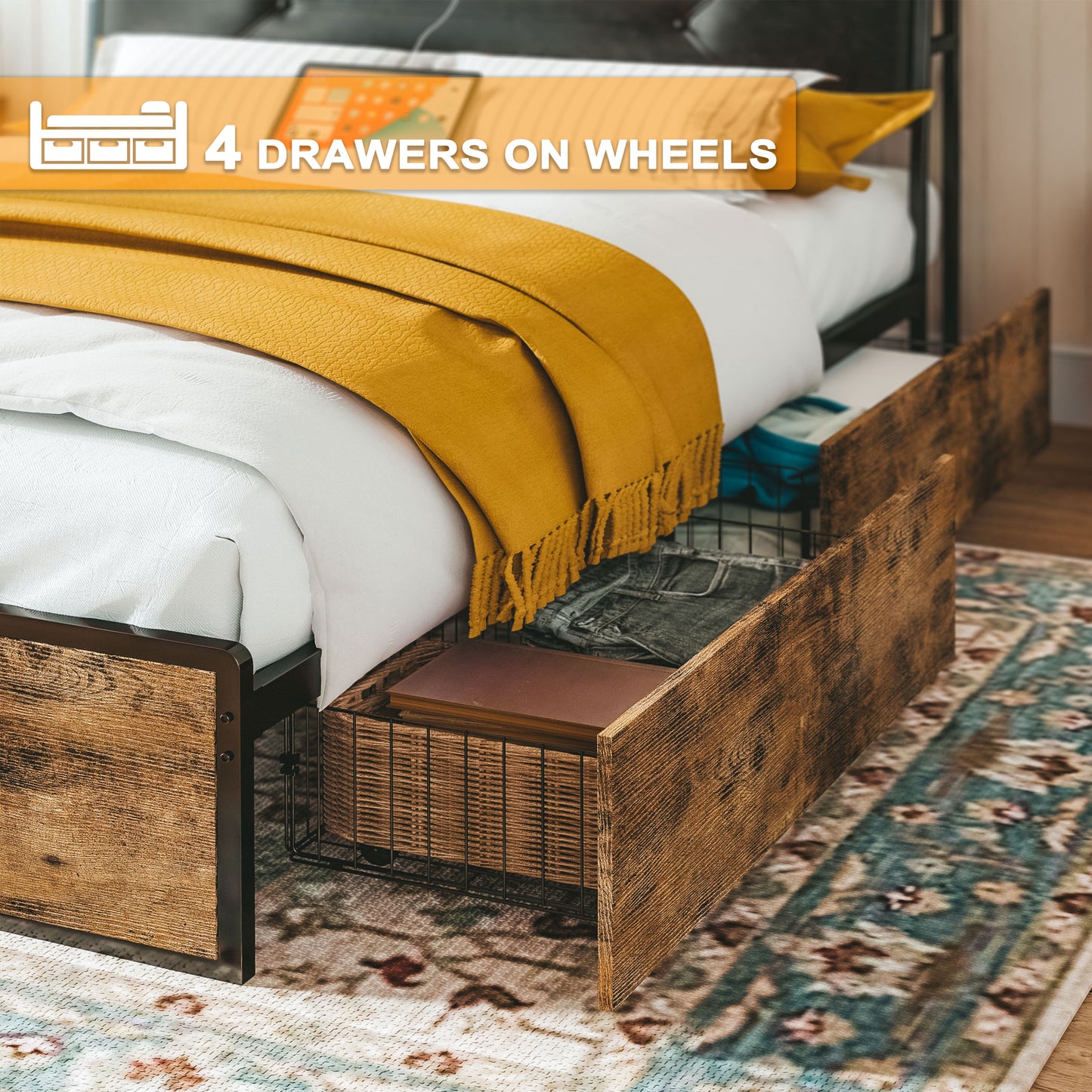 IRONCK LED Bed Frame with 4 Drawers
