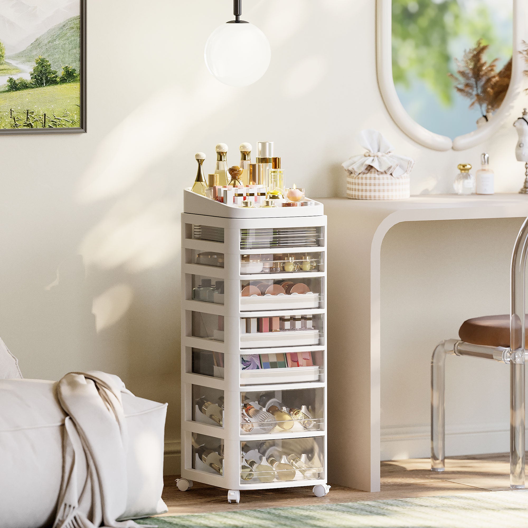 Étagère de rangement multicouche élégante avec tiroirs spacieux, housses de protection anti-poussière, poulies silencieuses amovibles et poulies à roulement fluide, facile à assembler pour une organisation efficace de la maison