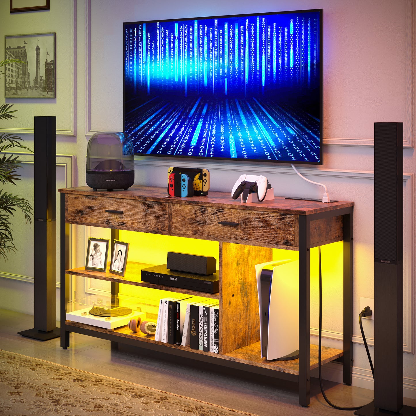 Vintage Brown Industrial TV Console with LED Lights