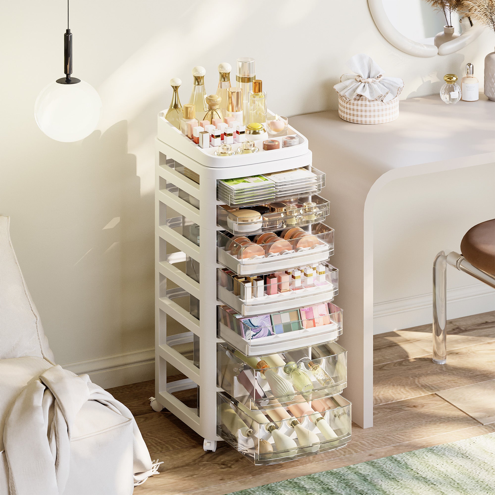 Étagère de rangement multicouche élégante avec tiroirs spacieux, housses de protection anti-poussière, poulies silencieuses amovibles et poulies à roulement fluide, facile à assembler pour une organisation efficace de la maison