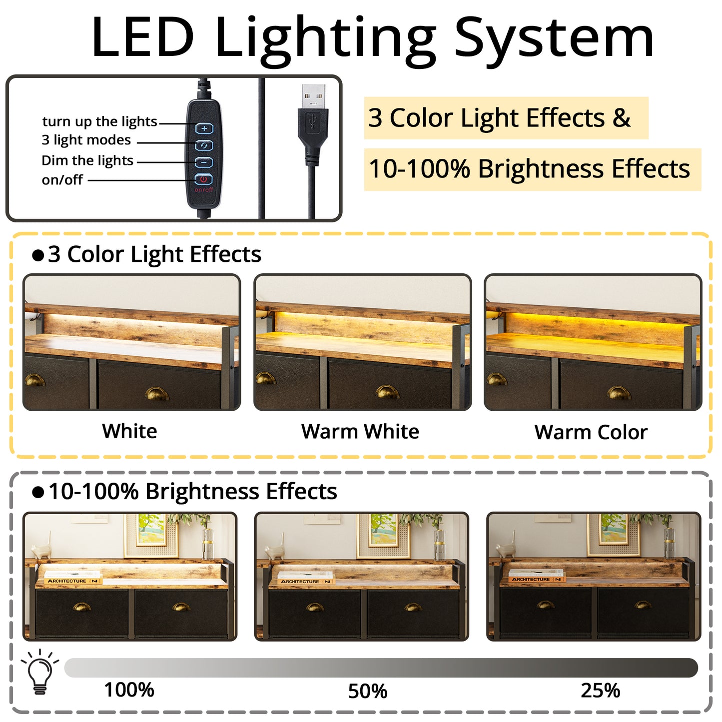 Commode LED avec 8 tiroirs en cuir PU