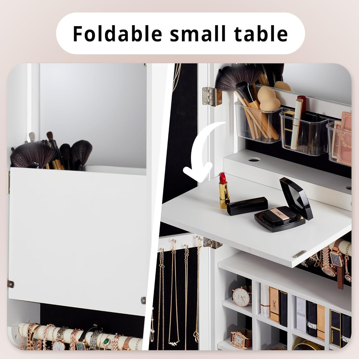Wall Mounted Mirror Jewelry Cabinet with Photo Frame and Foldable Shelf