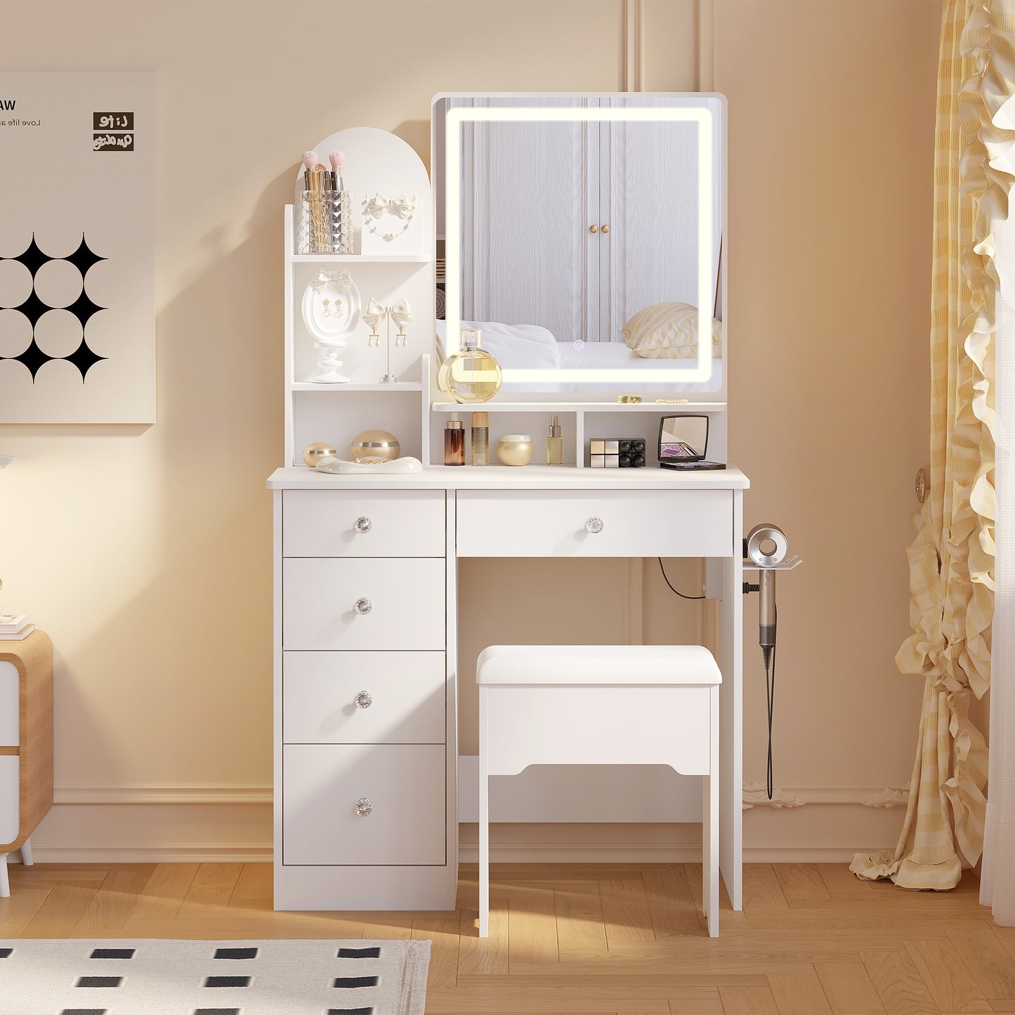 Makeup Table with Drawers & Storage Stool for Bedroom