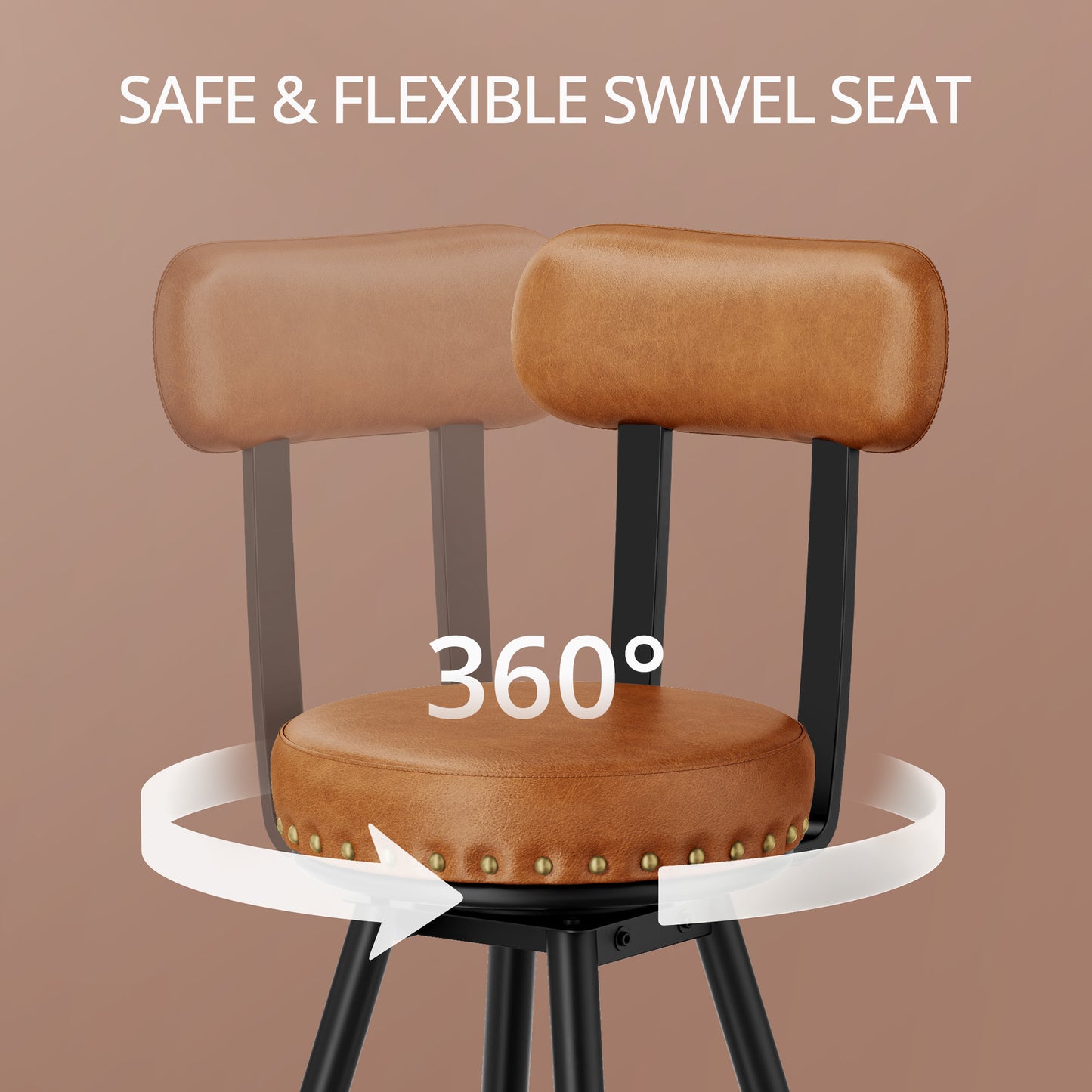 IRONCK Counter Height Bar Stools Set of 2, 30" Swivel Barstools with Backs, Hand-Riveted Design, Wide Seat, PU Leather Upholstered, Armless Bar Chairs for Kitchen Island, Brown