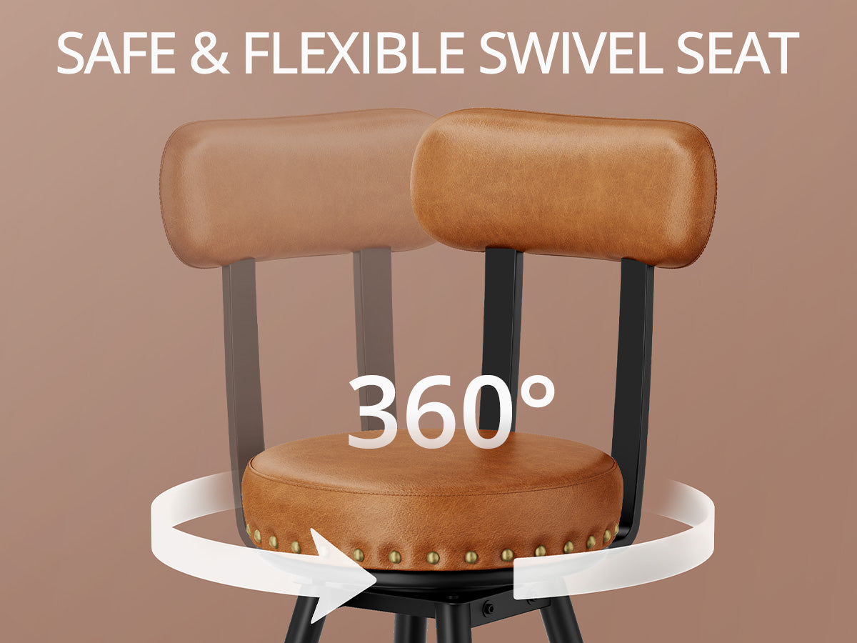 IRONCK Counter Height Bar Stools Set of 2, 30" Swivel Barstools with Backs, Hand-Riveted Design, Wide Seat, PU Leather Upholstered, Armless Bar Chairs for Kitchen Island, Brown