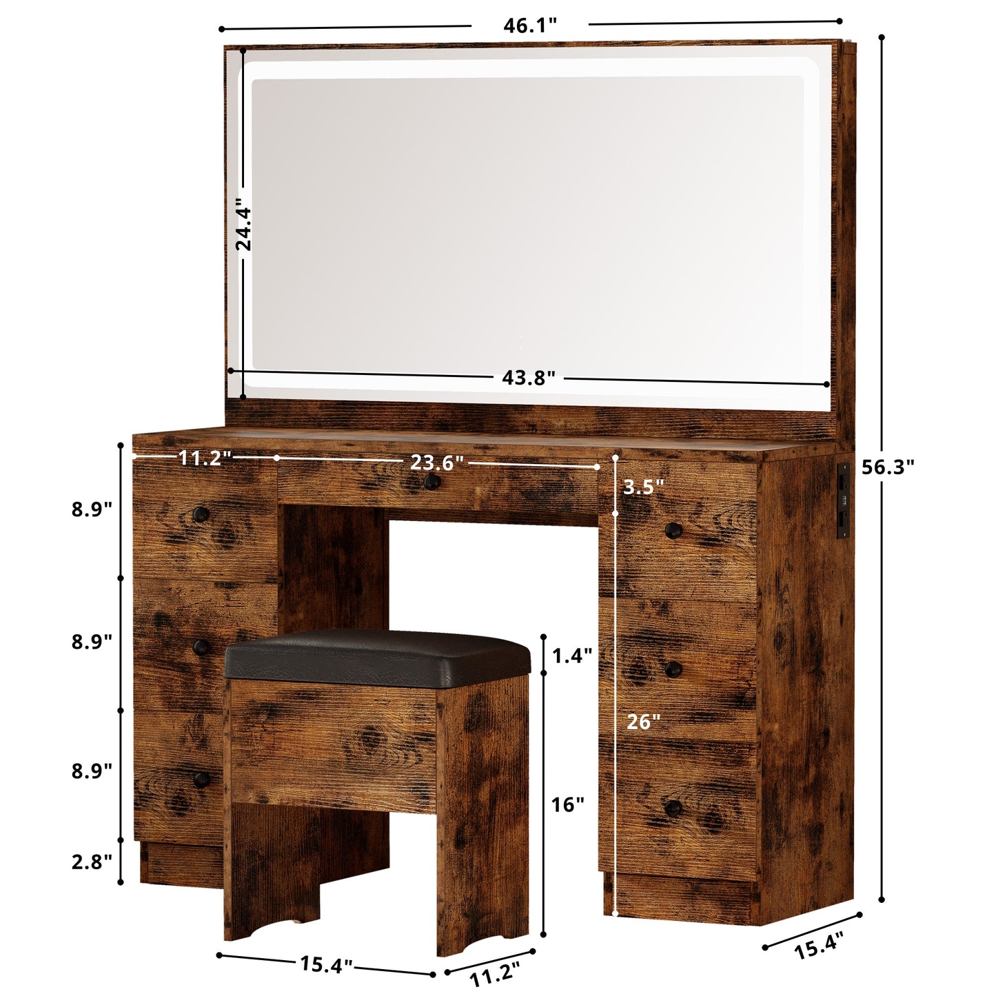 Large Mirror Makeup Vanity Desk with 7 Drawers- Vintage