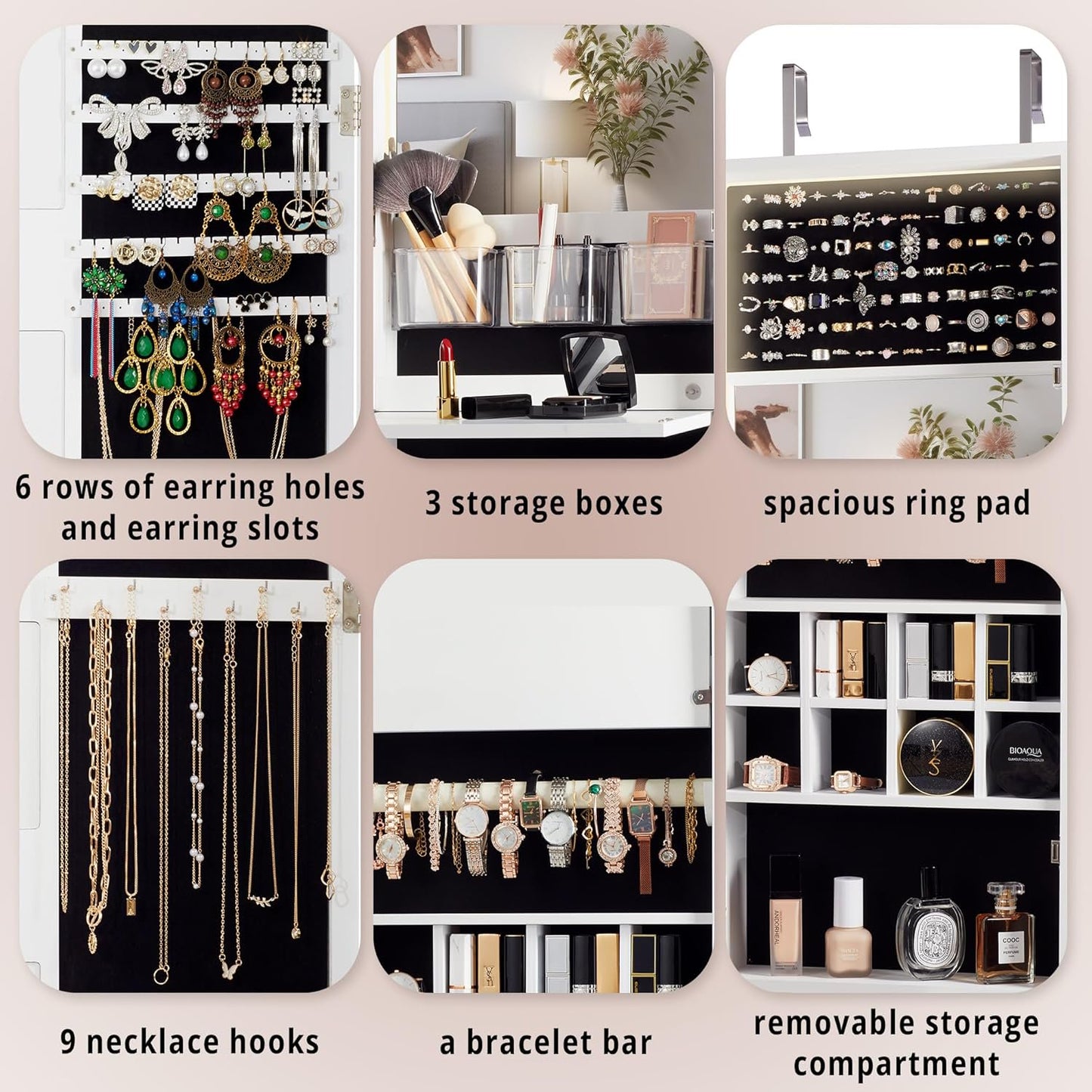 Wall Mounted Mirror Jewelry Cabinet with Photo Frame and Foldable Shelf