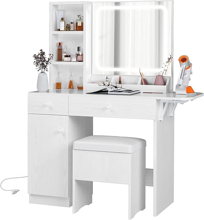 Vanity Desk with LED Lighted Mirror & Power Outlet