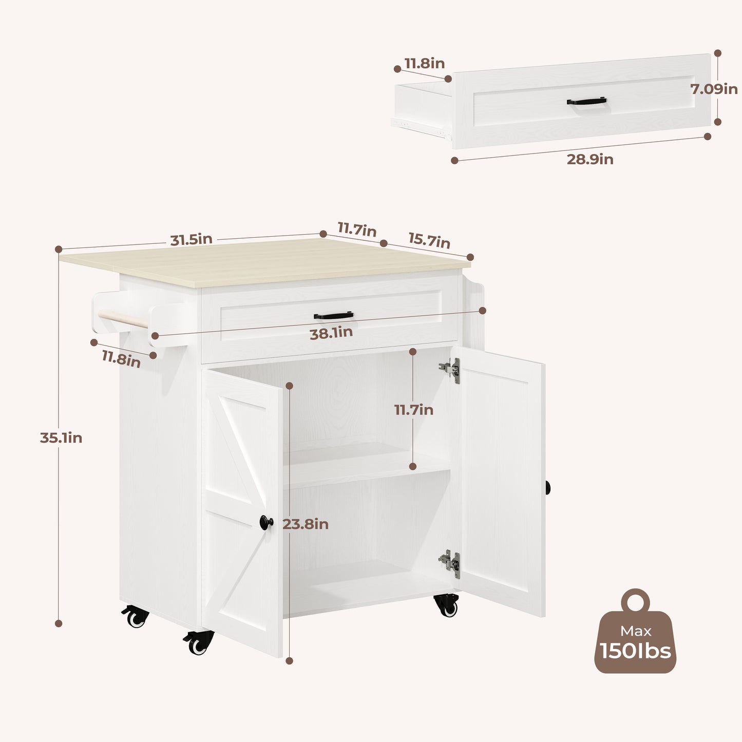 Rolling Kitchen Island with Drop Leaf