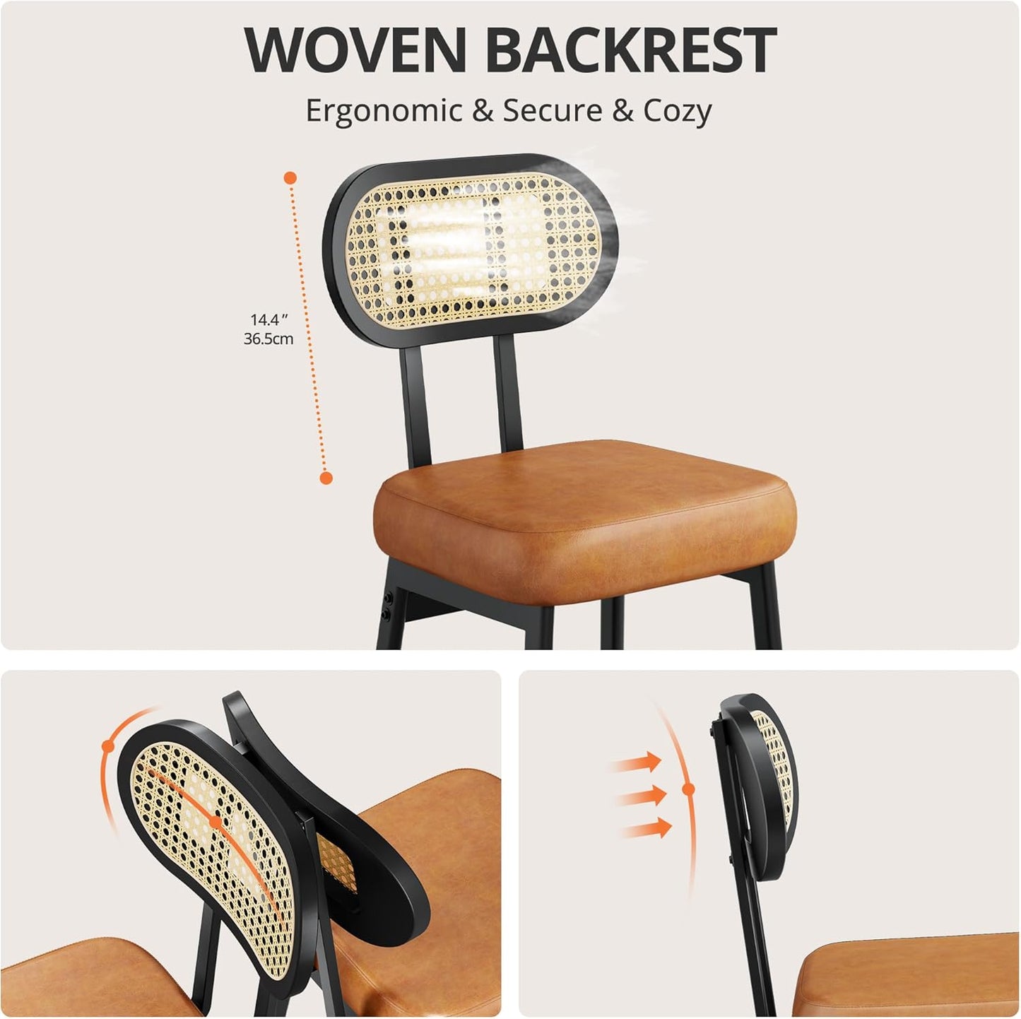 IRONCK Counter Height Bar Stools Set of 2, Modern PU Leather Barstools with Rattan Back and Wide Seat, 30" Tall Bar Chairs for Kitchen Island, Brown