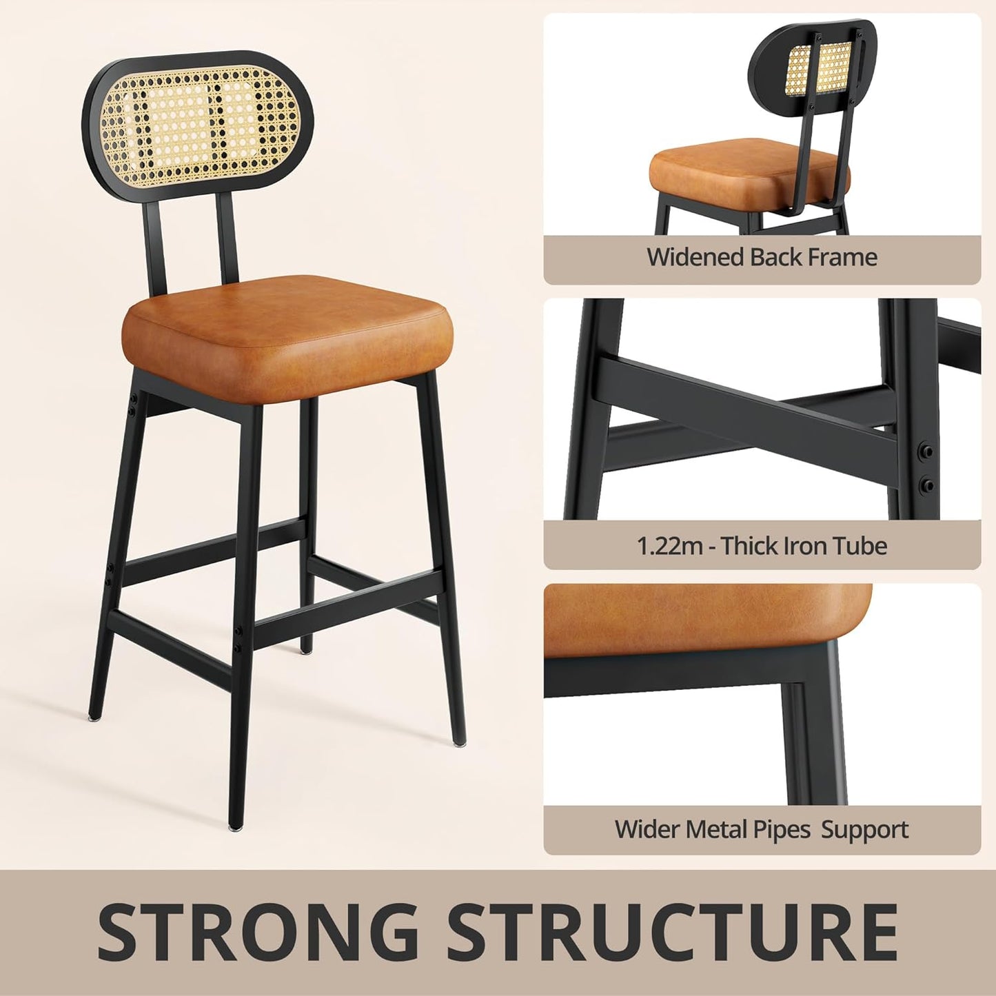 IRONCK Counter Height Bar Stools Set of 2, Modern PU Leather Barstools with Rattan Back and Wide Seat, 30" Tall Bar Chairs for Kitchen Island, Brown
