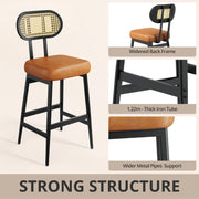 IRONCK Counter Height Bar Stools Set of 2, Modern PU Leather Barstools with Rattan Back and Wide Seat, 30" Tall Bar Chairs for Kitchen Island, Brown
