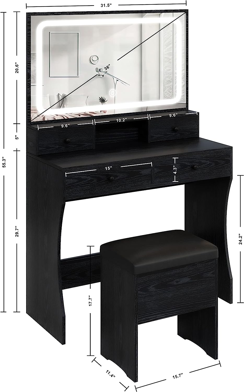 LED Lighted Mirror Makeup Desk Set- Black