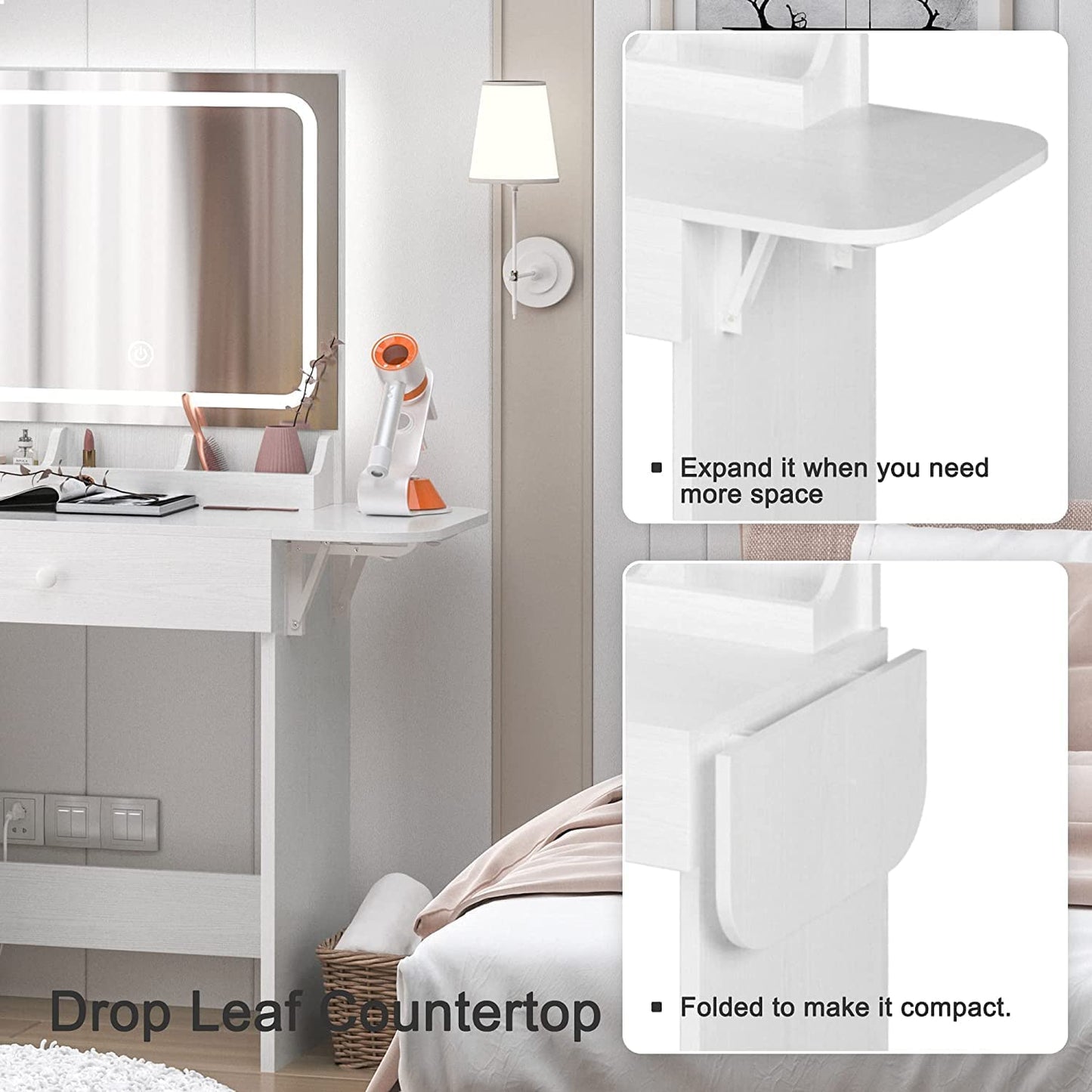 LED Makeup Table with Drawers- White
