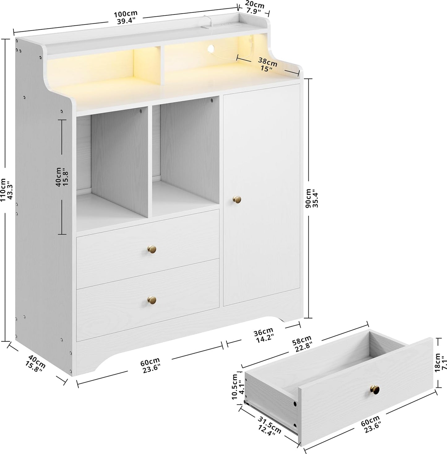 Buffet moderne avec rangement, lumières LED et prises