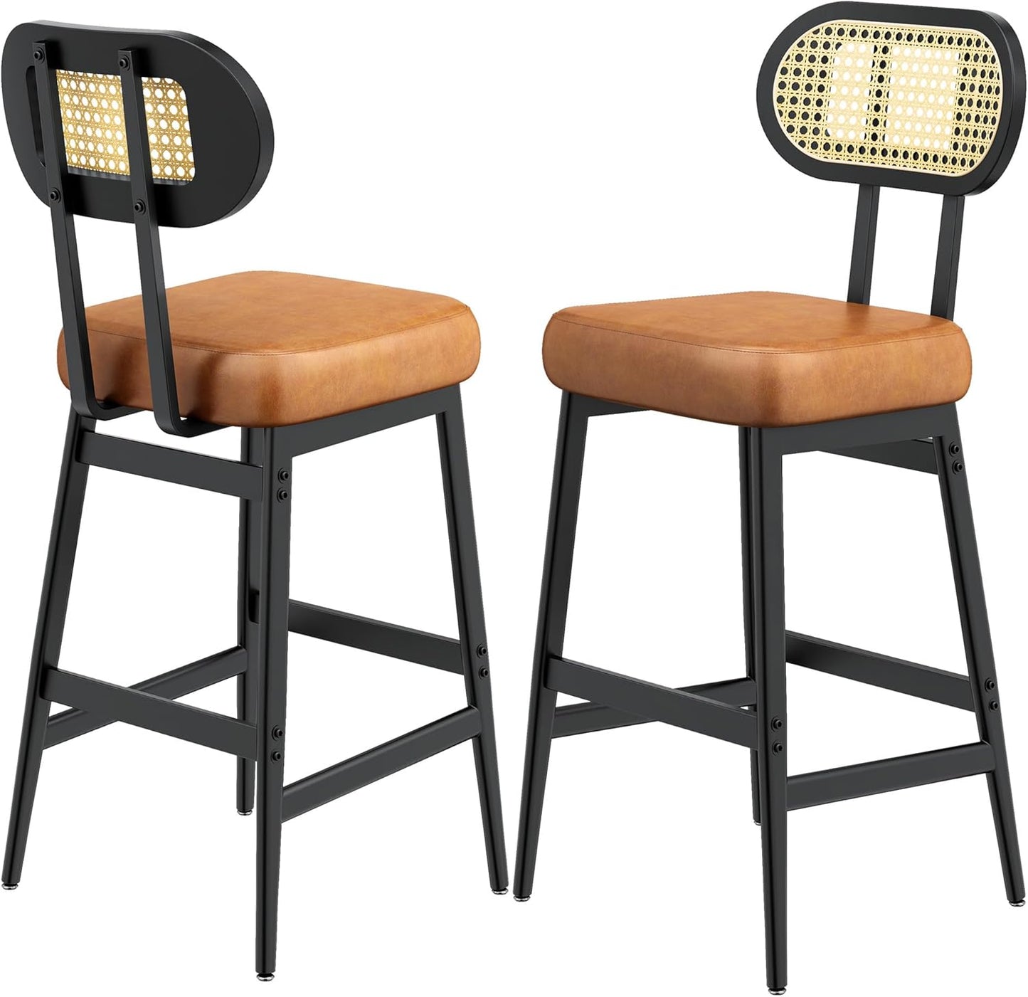 IRONCK Counter Height Bar Stools Set of 2, Modern PU Leather Barstools with Rattan Back and Wide Seat, 30" Tall Bar Chairs for Kitchen Island, Brown