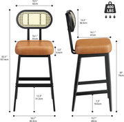 IRONCK Counter Height Bar Stools Set of 2, Modern PU Leather Barstools with Rattan Back and Wide Seat, 30" Tall Bar Chairs for Kitchen Island, Brown
