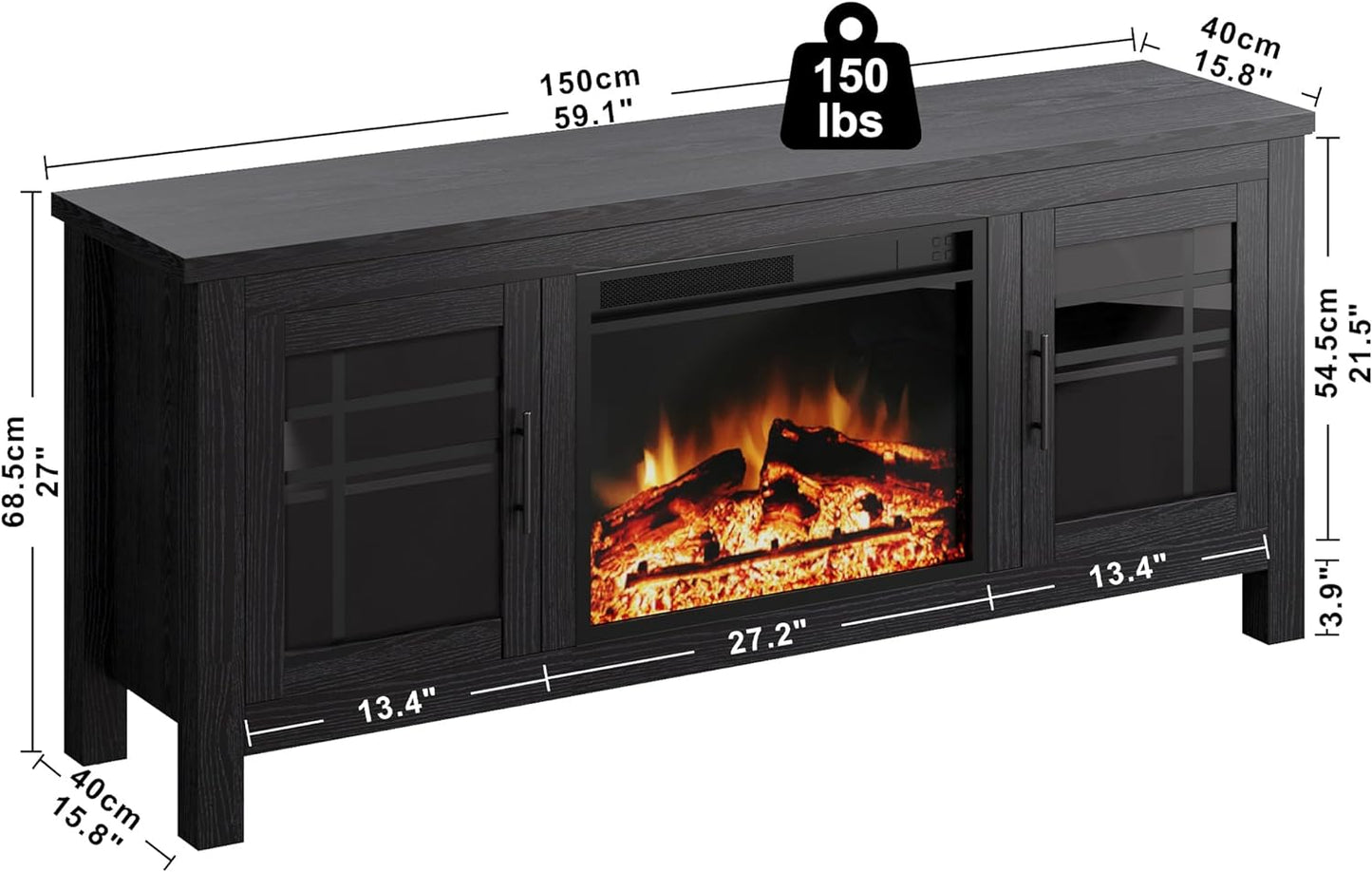 IRONCK 59” TV Stand with 23” Electric Fireplace Black