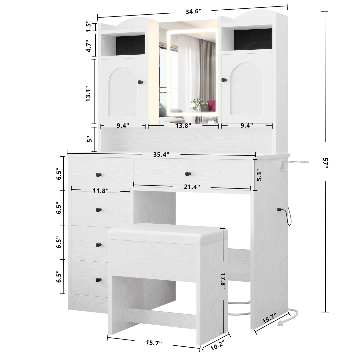Schminktisch mit Schmuckschrank, Ladestation und 5 Schubladen