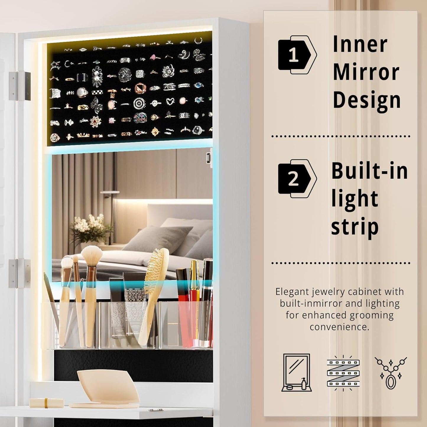 Wand-/Tür-montierter Spiegel-Schmuckschrank-Organizer mit LED-Licht