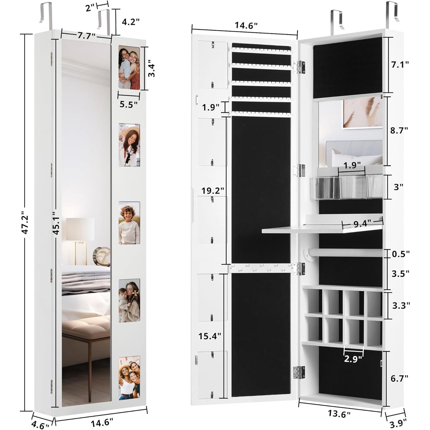 Wall Mounted Mirror Jewelry Cabinet with Photo Frame and Foldable Shelf