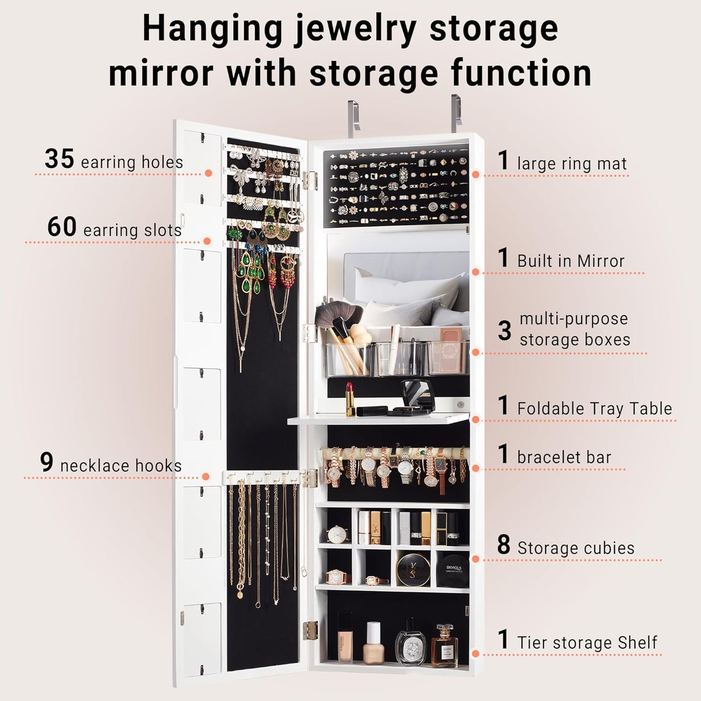 Wall Mounted Mirror Jewelry Cabinet with Photo Frame and Foldable Shelf