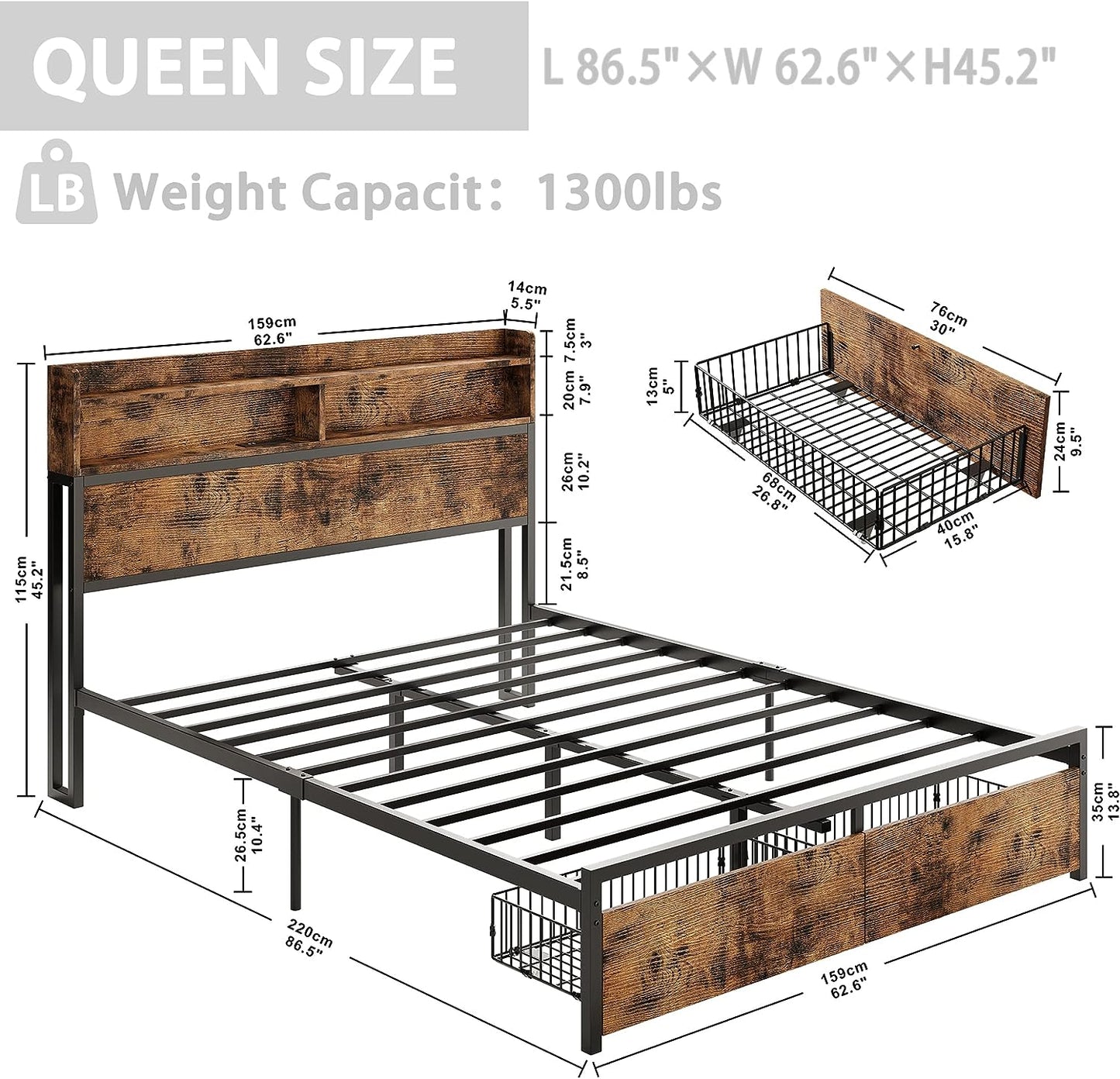Industrial Bed Frame with Bookcase Headboard