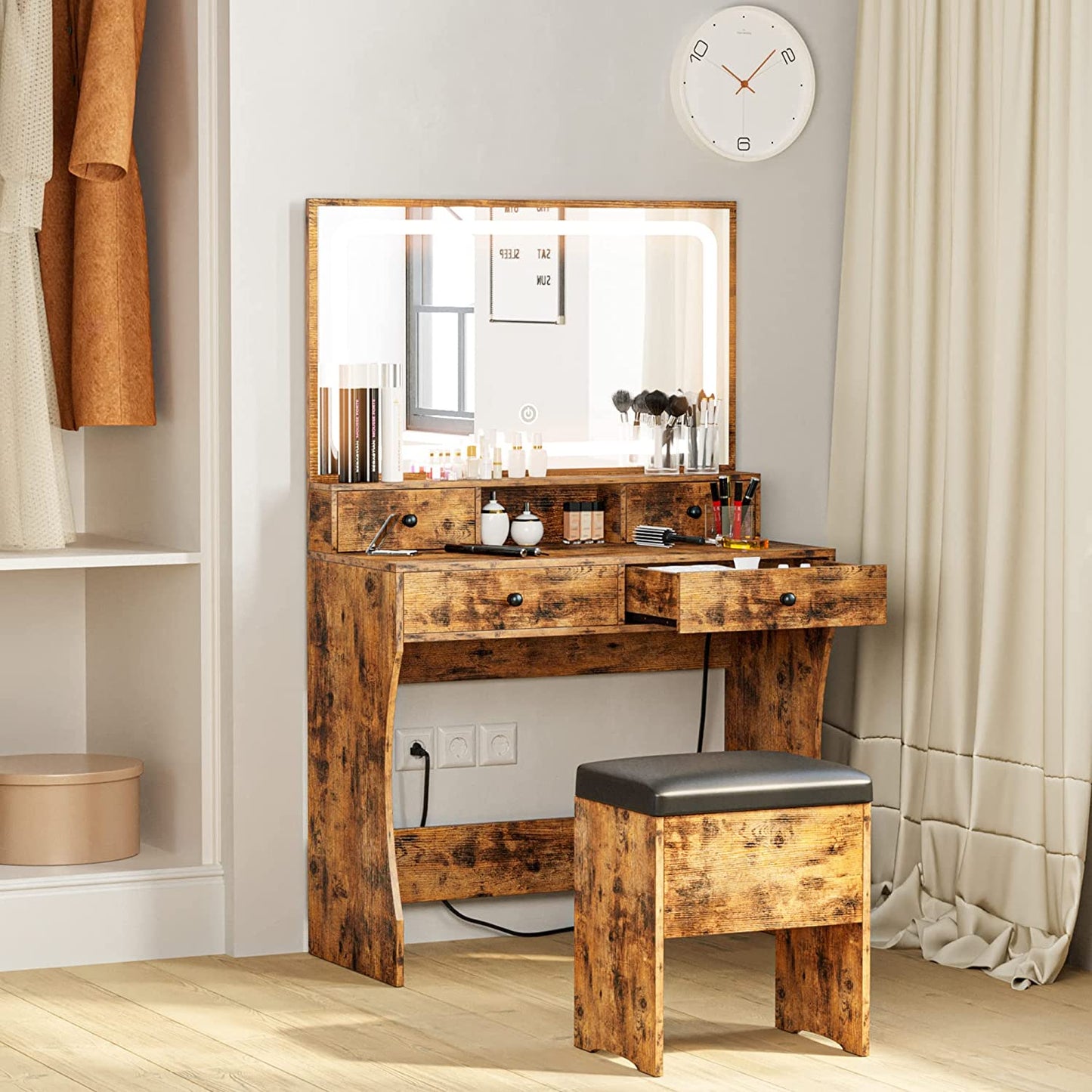 LED Lighted Mirror Makeup Desk Set- Vintage