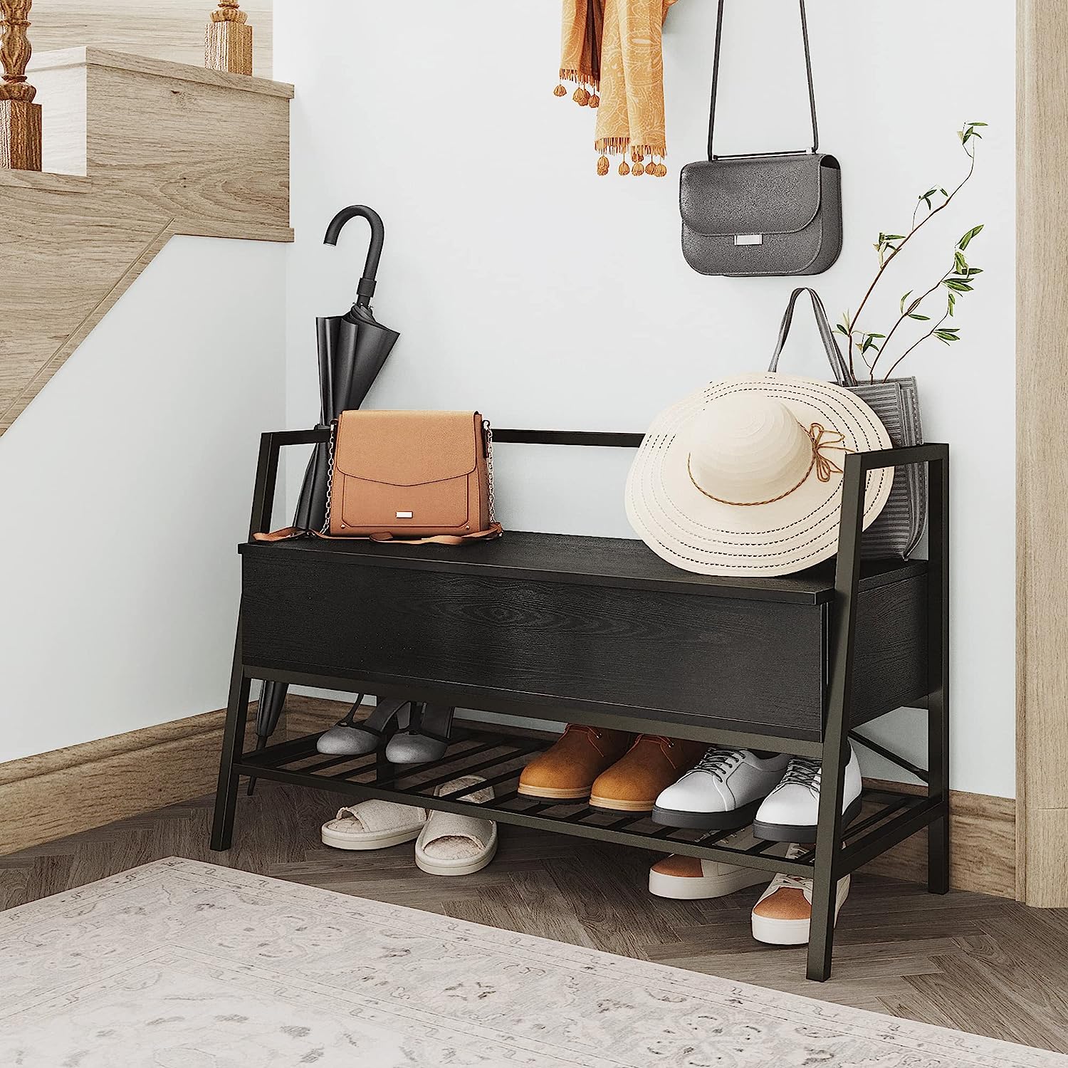 Black Shoe Bench with Storage