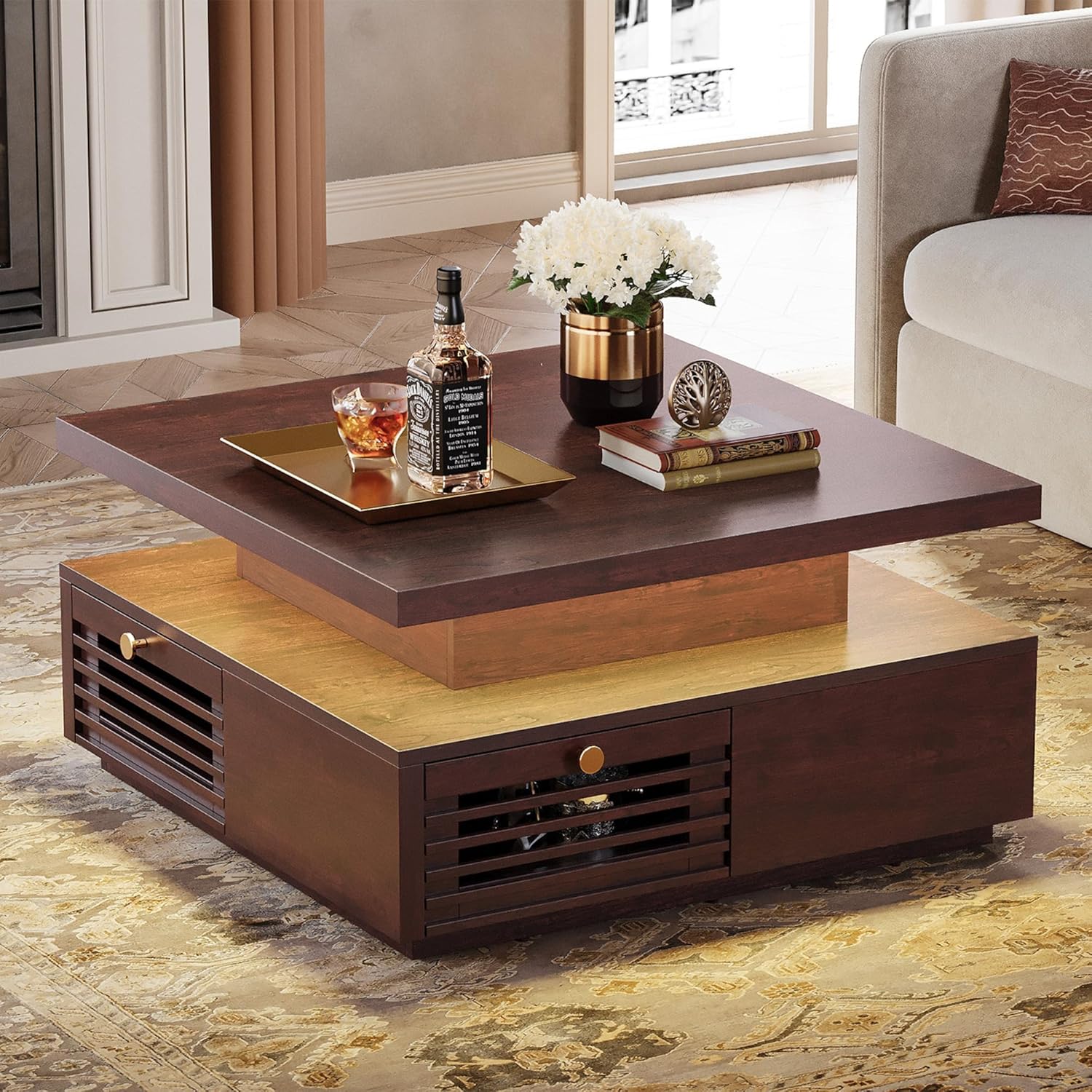 IRONCK Coffee Table with LED Light and Charging Station, 4 Storage Drawers