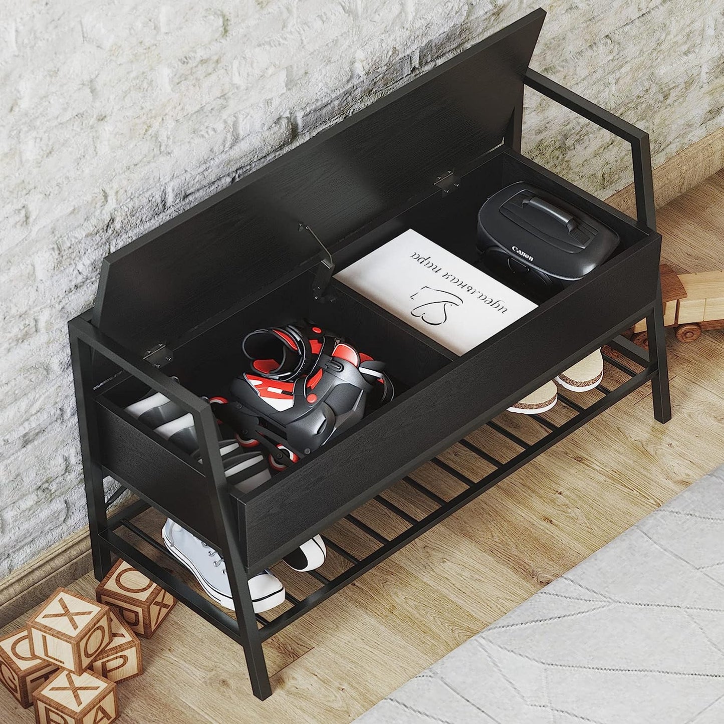 Black Shoe Bench with Storage
