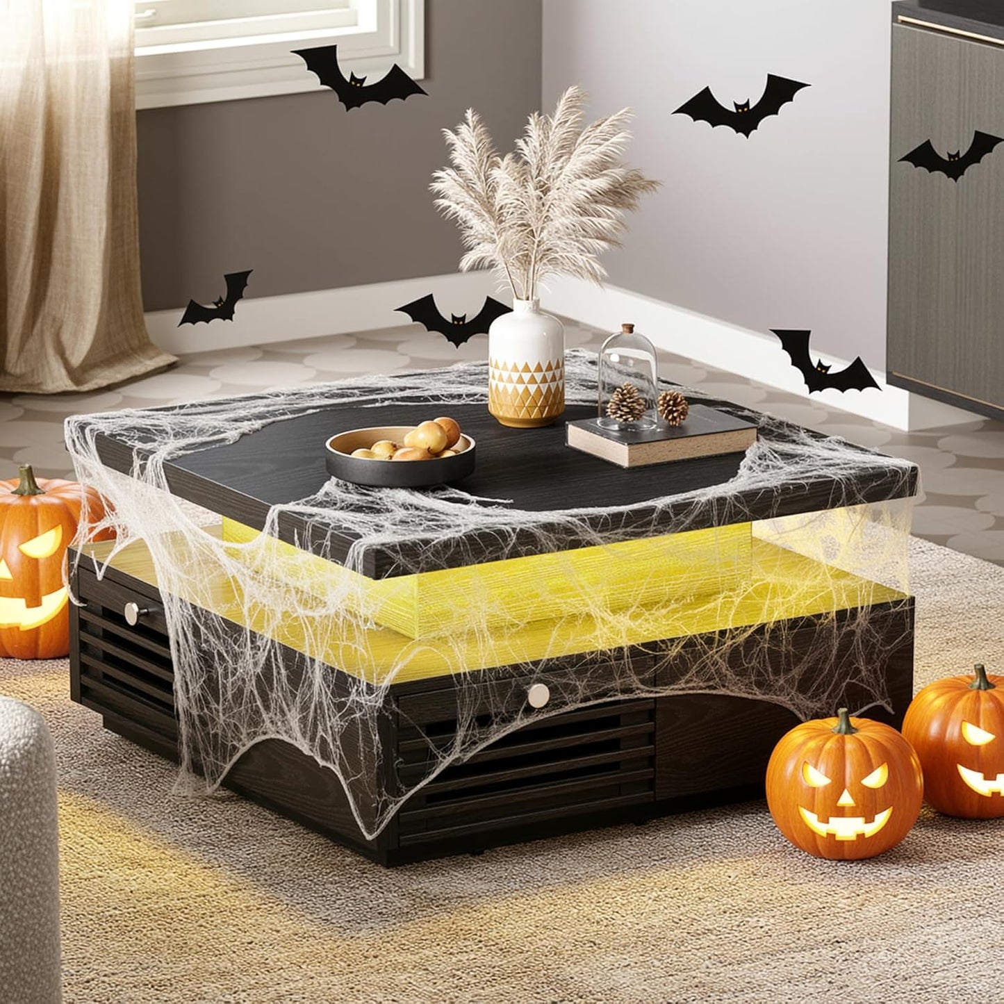 IRONCK Coffee Table with LED Light and Charging Station, 4 Storage Drawers