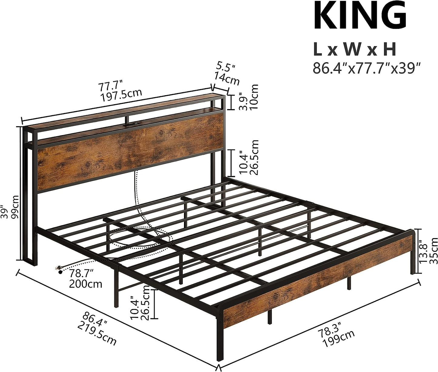 Mental Bed Frame with Charging Station