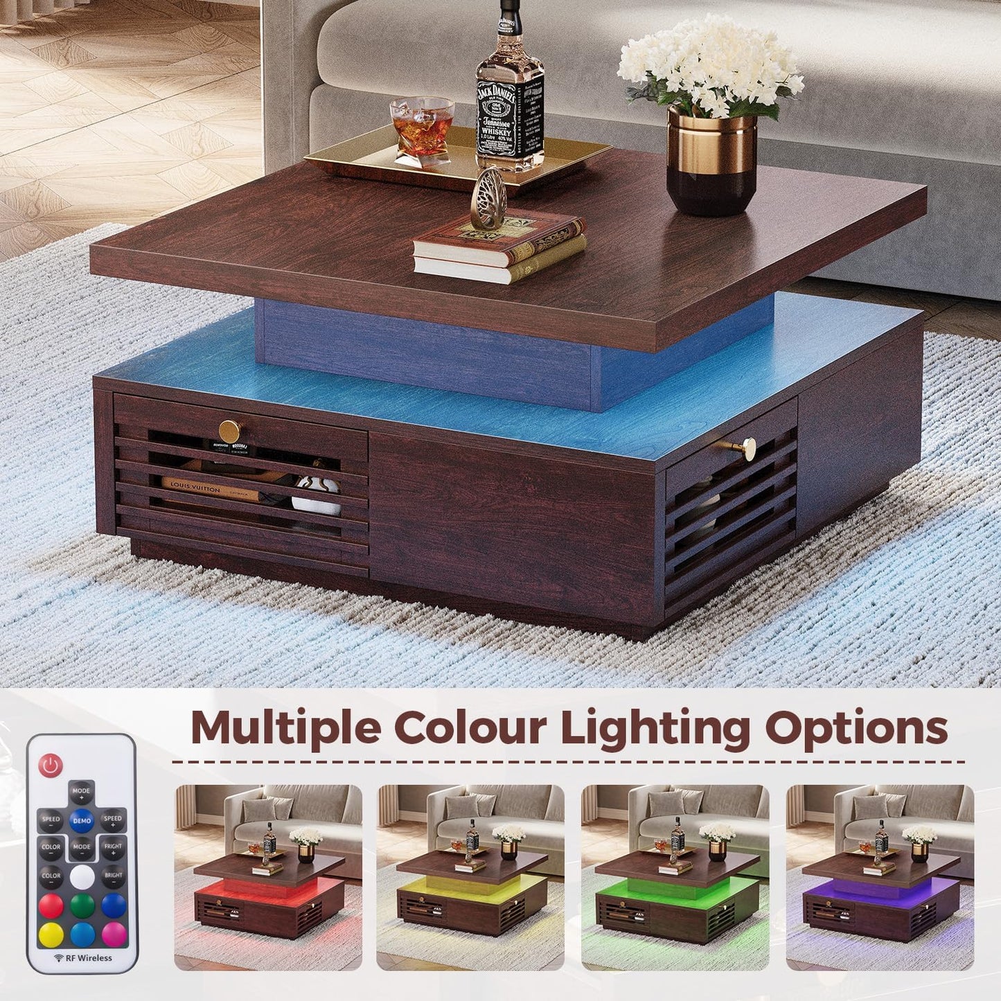 IRONCK Coffee Table with LED Light and Charging Station, 4 Storage Drawers