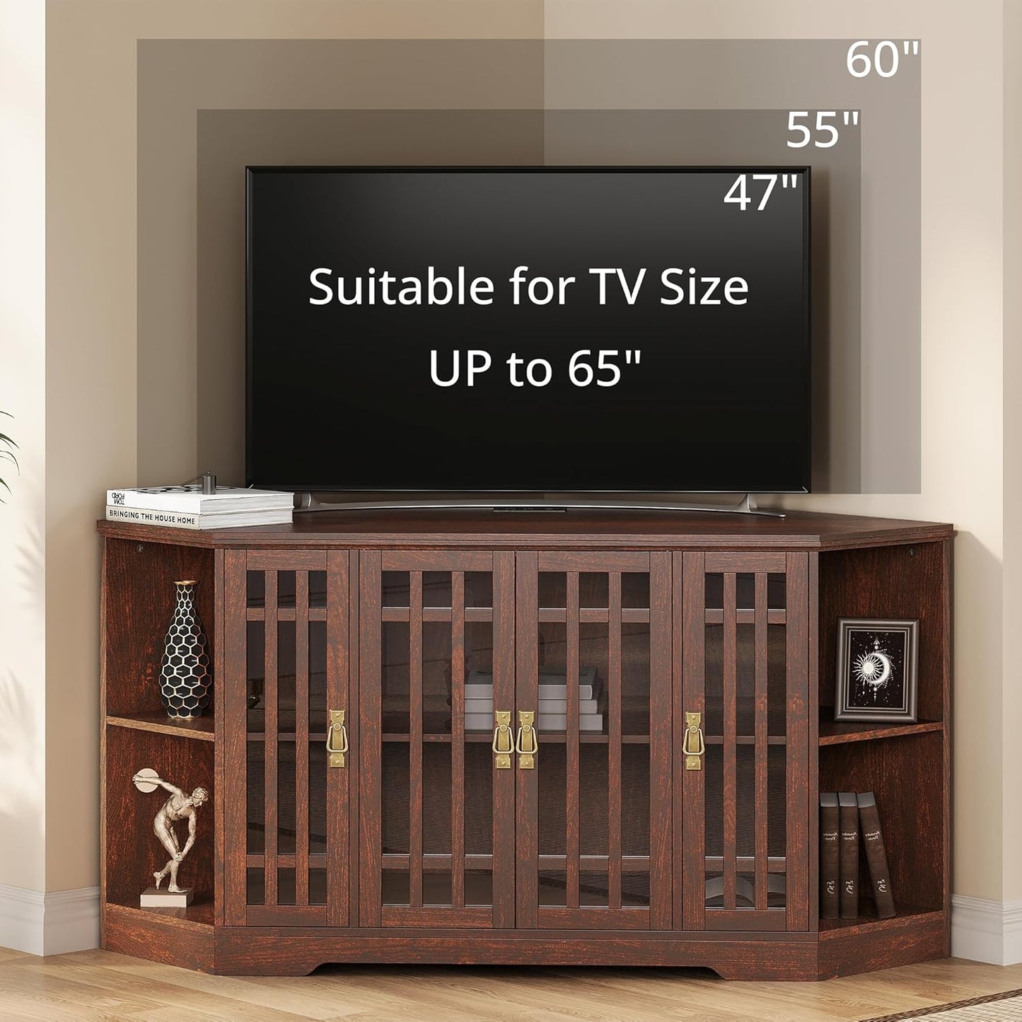 IRONCK Corner TV Stand for TVs up to 60 Inch with Power Outlet, Corner Entertainment Center with Storage Cabinet and Glass Doors, Mid Century Modern TV Stand for Living Room, Bedroom, Red Walnut