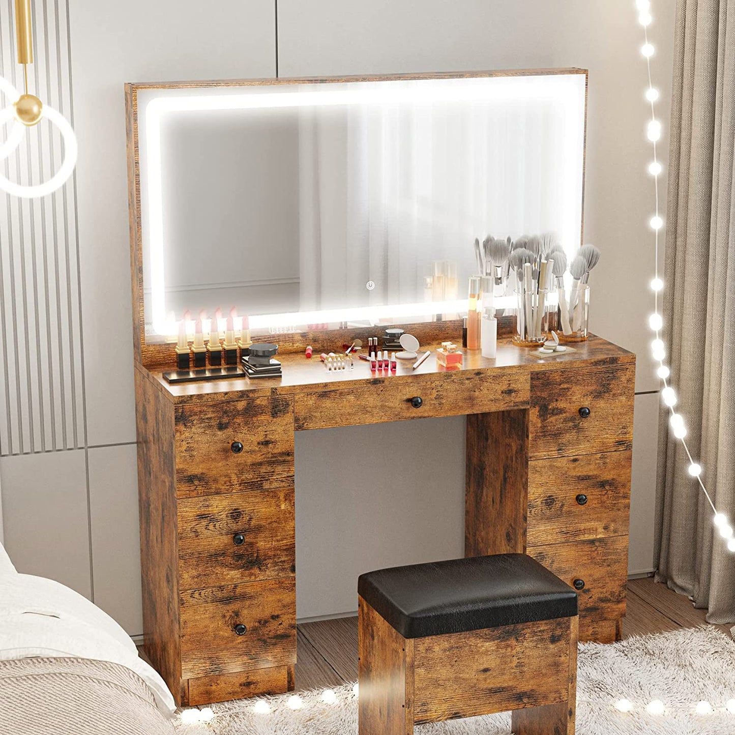 Large Mirror Makeup Vanity Desk with 7 Drawers- Vintage