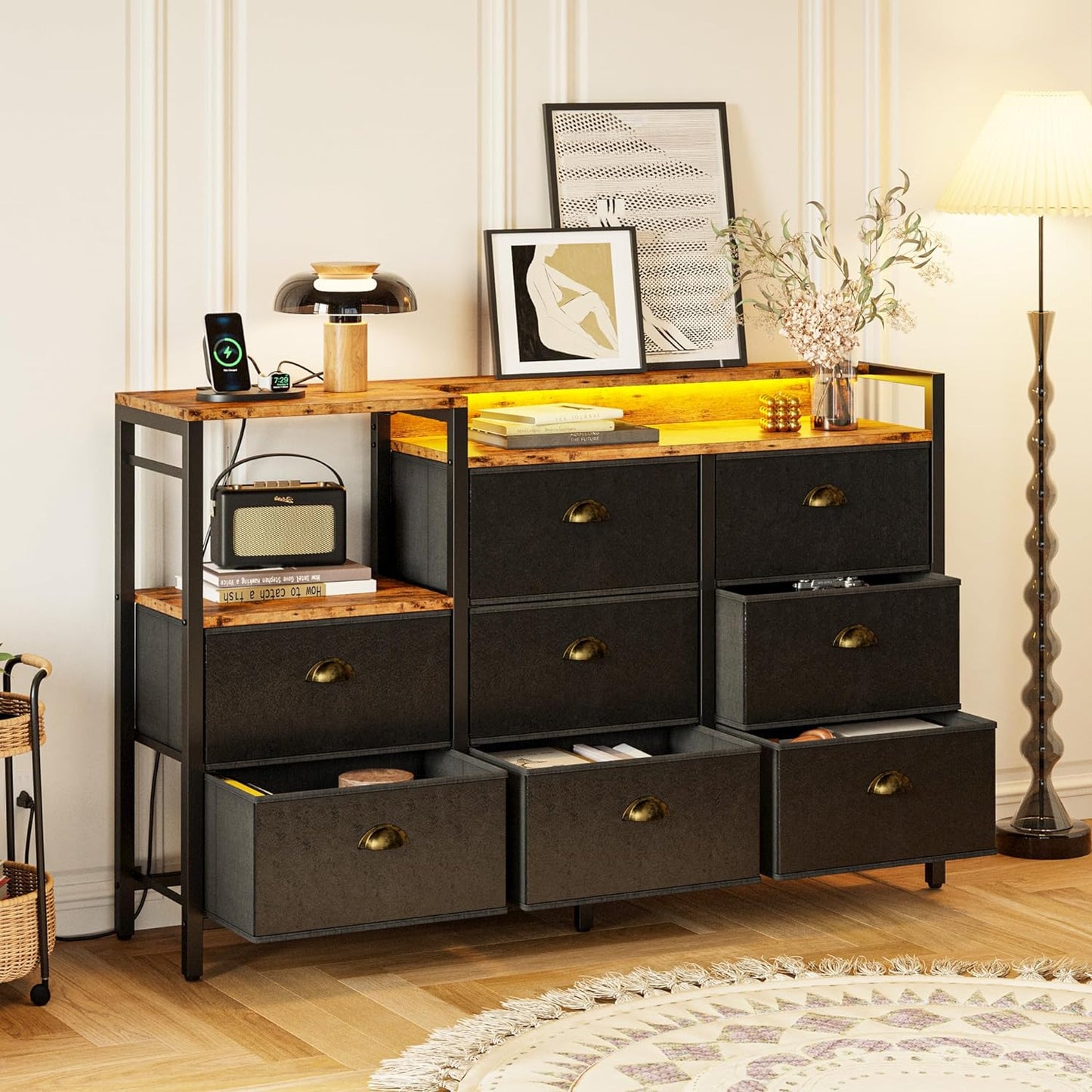 Commode LED avec 8 tiroirs en cuir PU