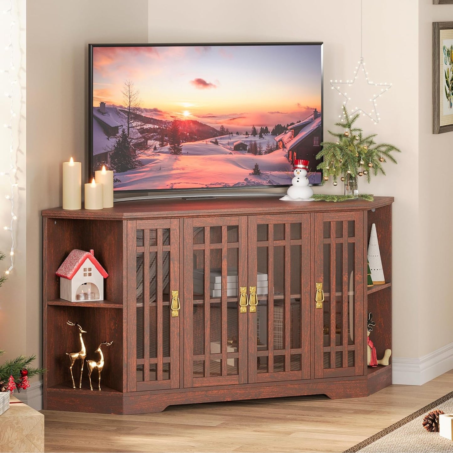 IRONCK Corner TV Stand for TVs up to 60 Inch with Power Outlet, Corner Entertainment Center with Storage Cabinet and Glass Doors, Mid Century Modern TV Stand for Living Room, Bedroom, Red Walnut