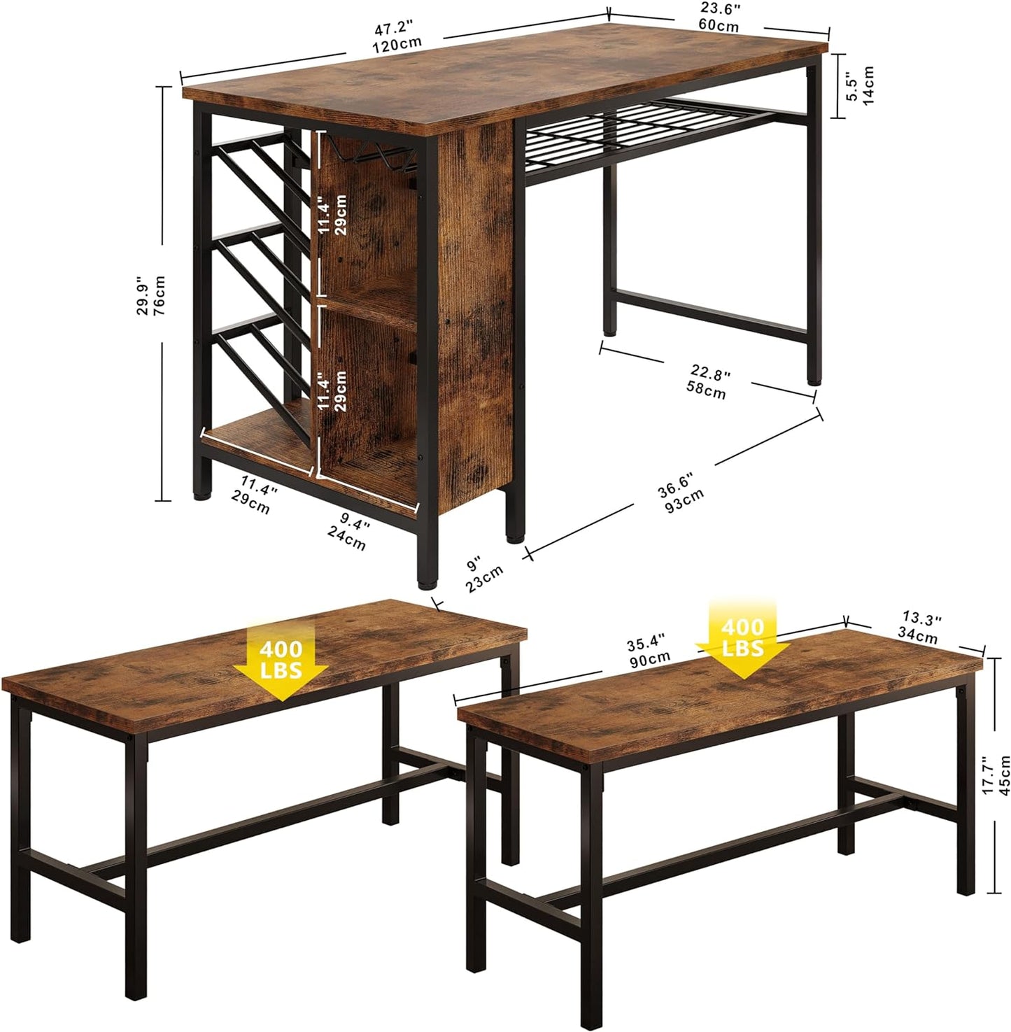 3PC Dining Table Set with 2 Benches
