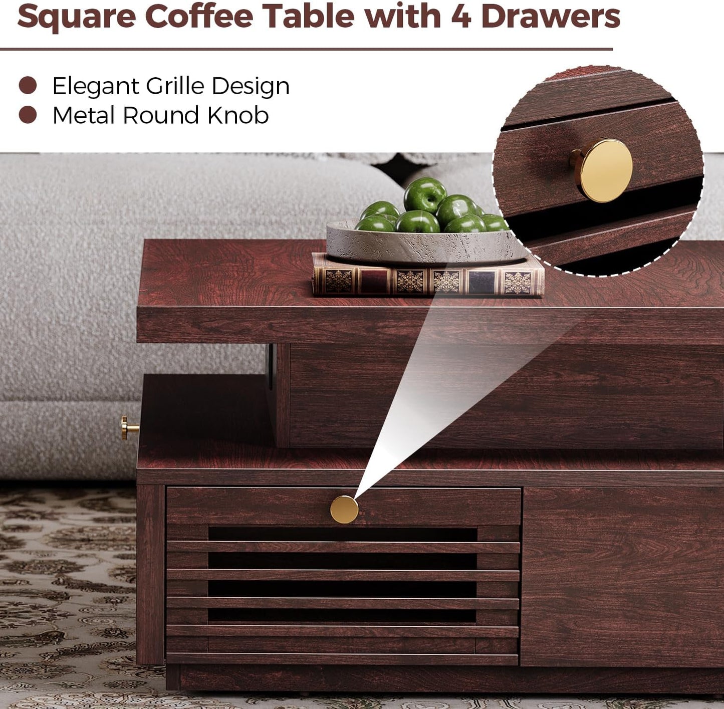 IRONCK Coffee Table with LED Light and Charging Station, 4 Storage Drawers