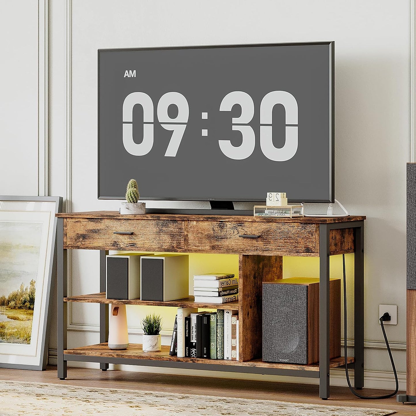 Vintage Brown Industrial TV Console with LED Lights
